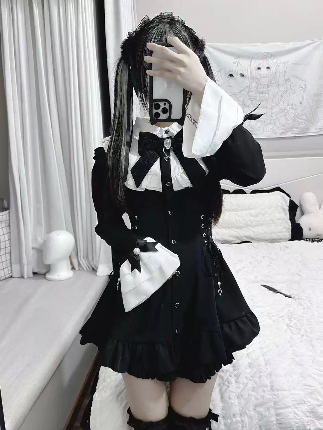 Black and White Jirai Kei Dress, Pocketed Shorts 44512:810991