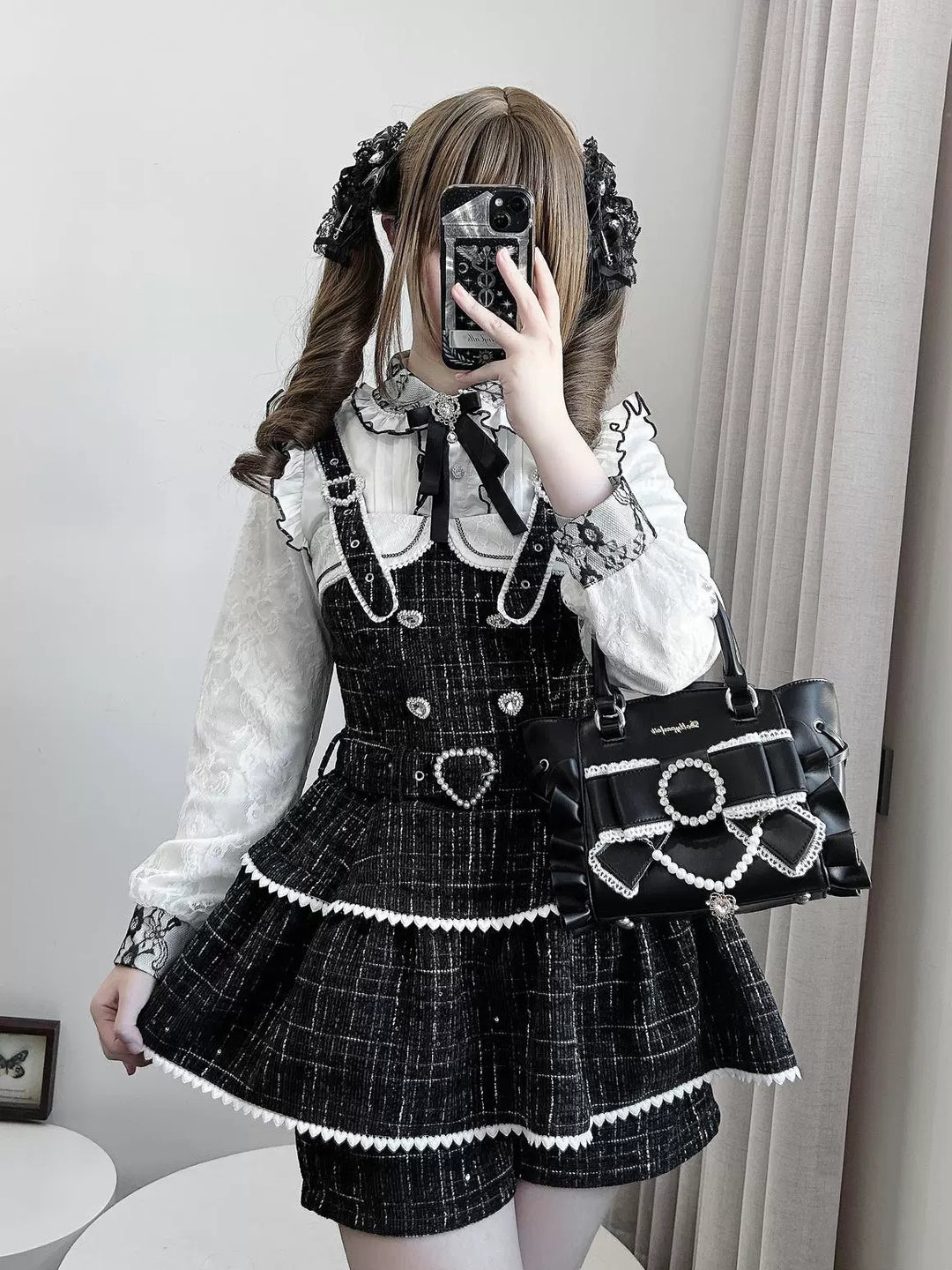 Tweed-like Jirai Kei Suspender Skirt, Matching Shorts 44178:799983