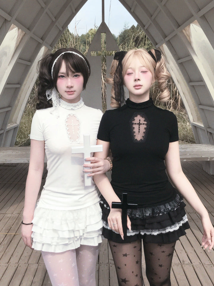 Gothic Cross-Detailed T-shirt & Tiered Ruffle Bloomers 43079:764540