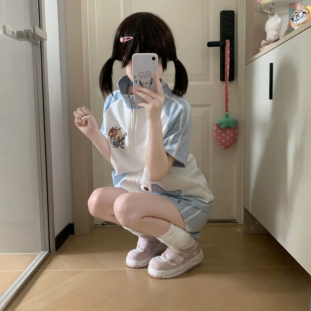 Kawaii Jacket and Shorts Set, Star & Cat Embroidery 45640:857451