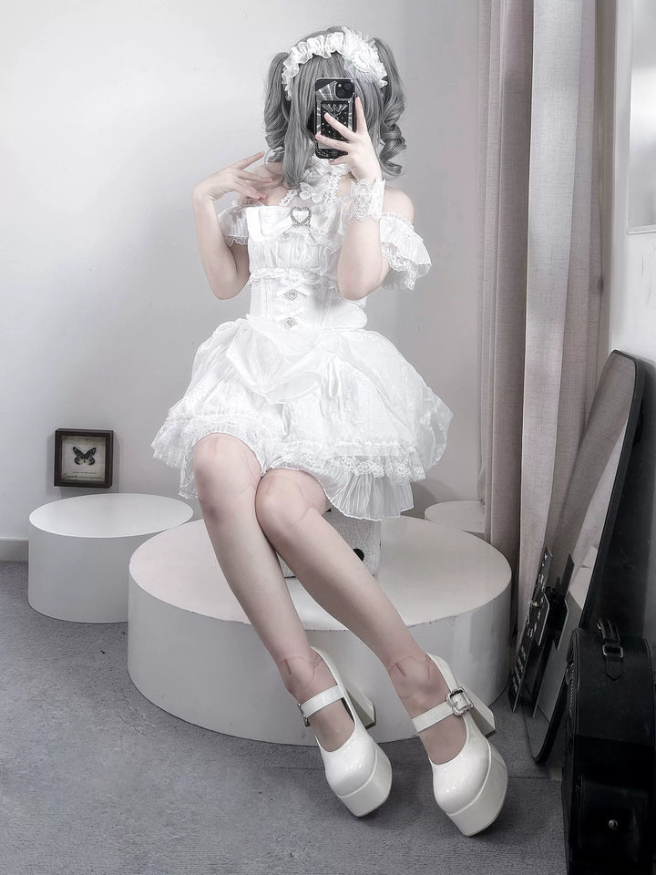 Black / White Jirai Kei Dress, Floral Lace & Halter Neck 43105:771123