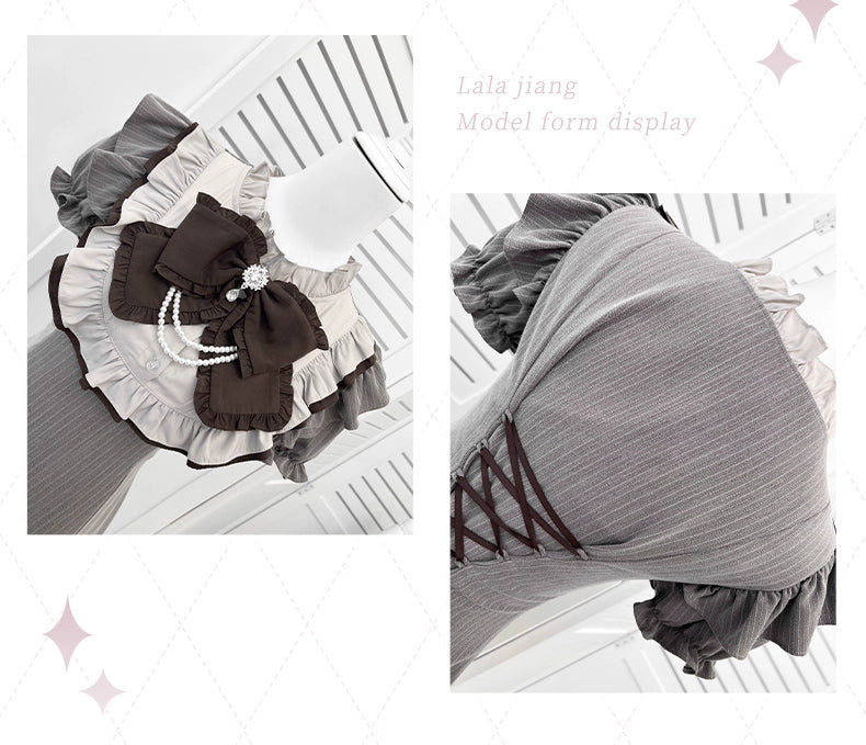 Striped Jirai Kei Dress,Thigh Length, Detachable Bowtie 43574:780068