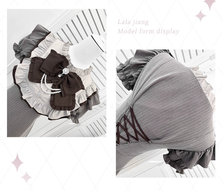 Striped Jirai Kei Dress,Thigh Length, Detachable Bowtie 43574:780068