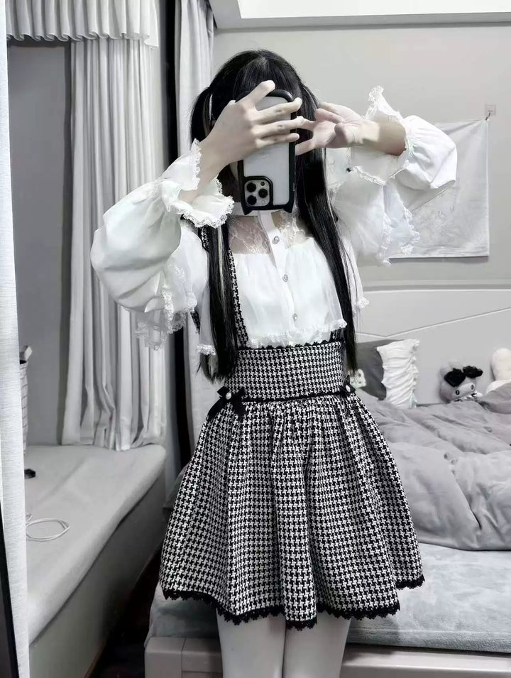 Jirai Kei Sheer Lace Shirt, Houndstooth Suspender Skirt 44894:827660