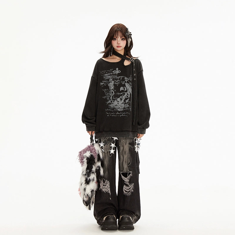 Punk Pants Black Straight Wide Leg Ripped Jeans Autumn 39760:642184