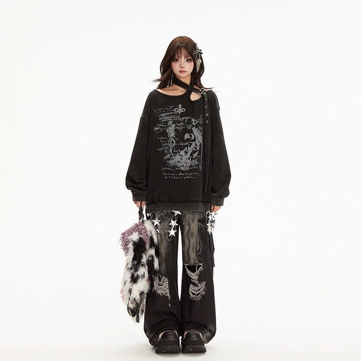 Punk Pants Black Straight Wide Leg Ripped Jeans Autumn 39760:642184