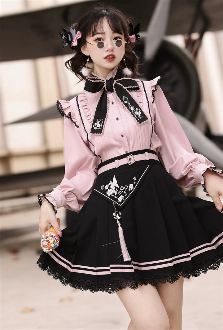 Pink Jirai Kei Blouse Black Skirt Chinese Hanfu Two-piece Set 22036:362430