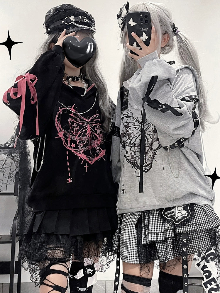 Jirai Kei Outfit Set Gothic Sailor Collar Hoodie Skirt Set 35762:517370