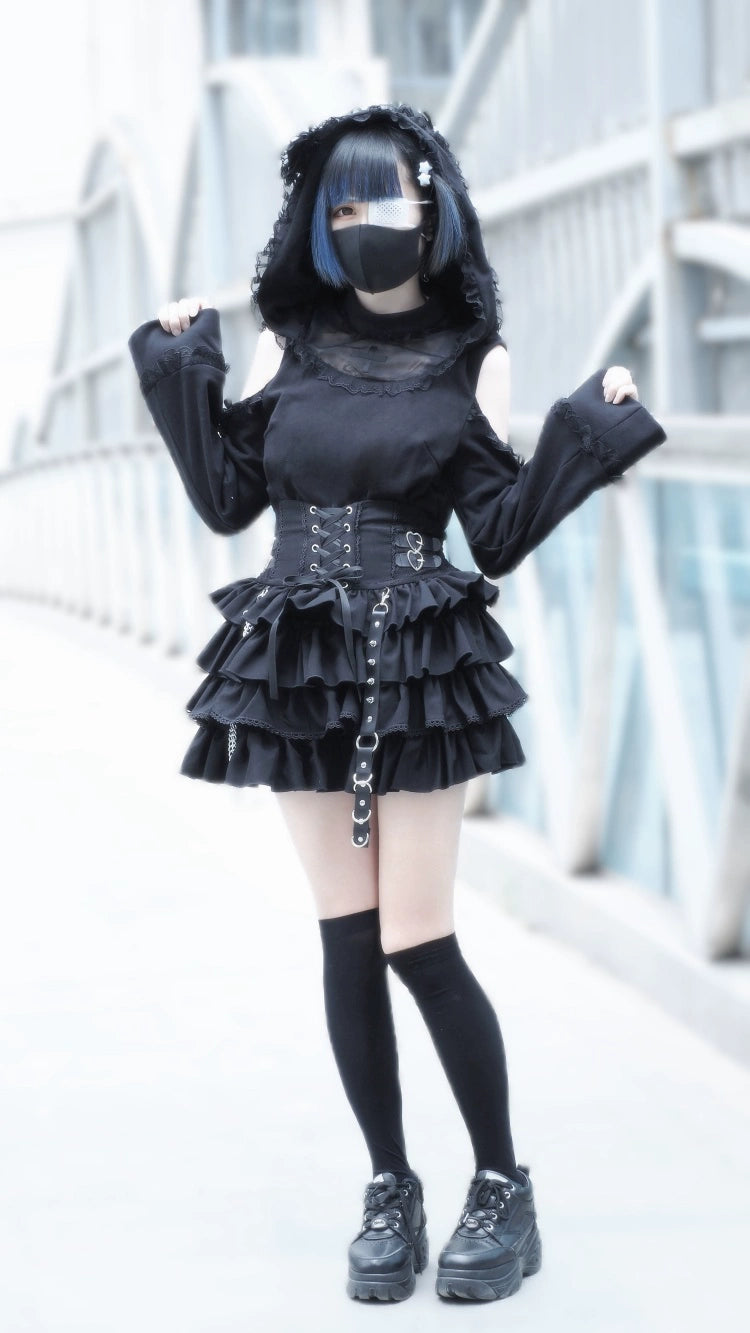 Black Jirai Kei Skirt, Removable Accessories in Two Styles 43240:772209