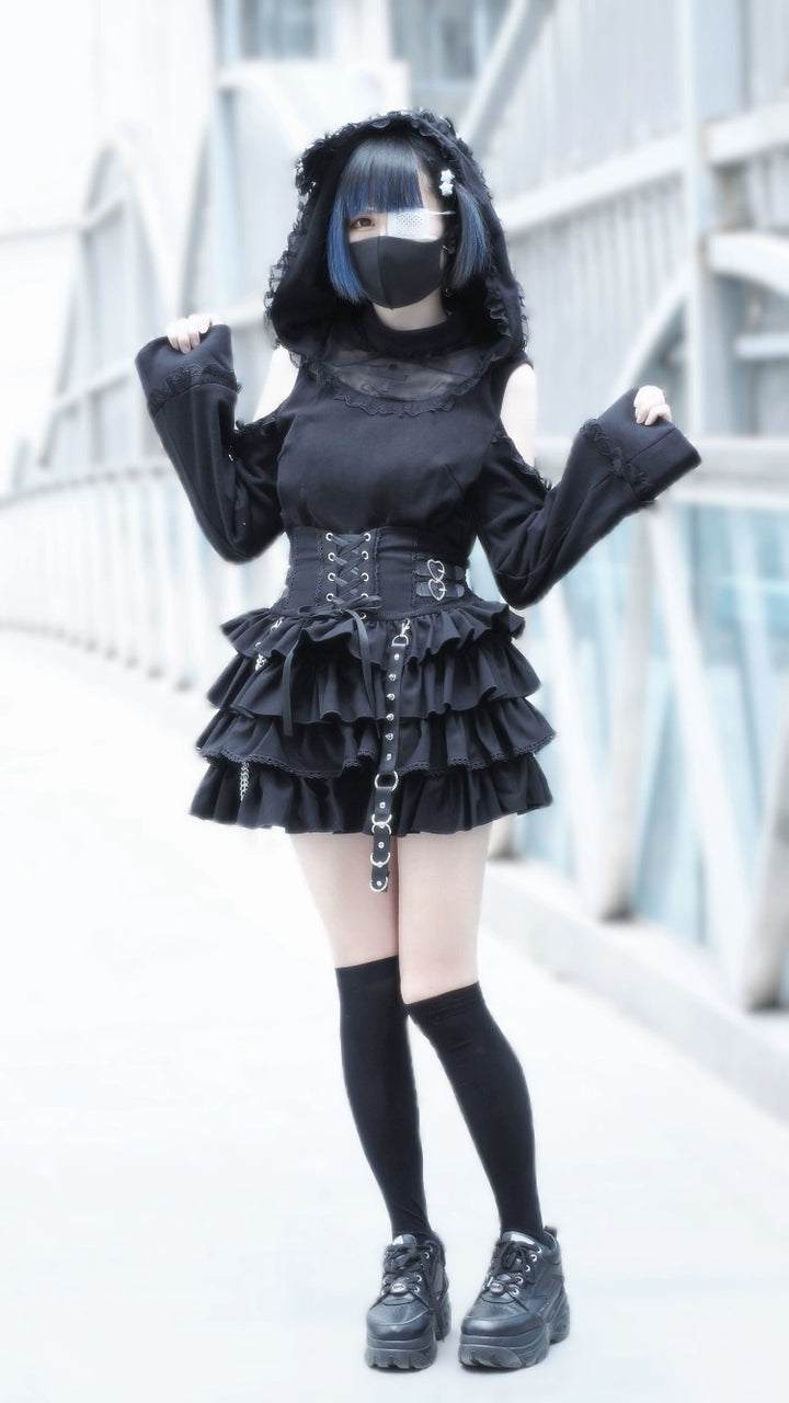 Black Jirai Kei Skirt, Removable Accessories in Two Styles 43240:772209