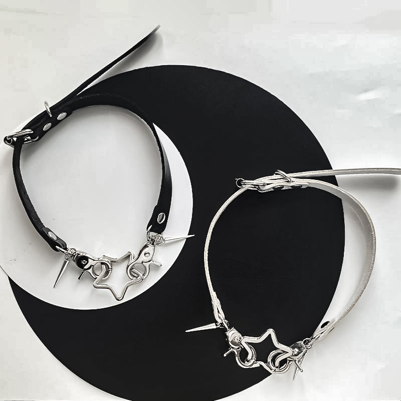 Jirai Kei Necklace Metallic Bone Star Pendant PU Punk Choker 42684:749337