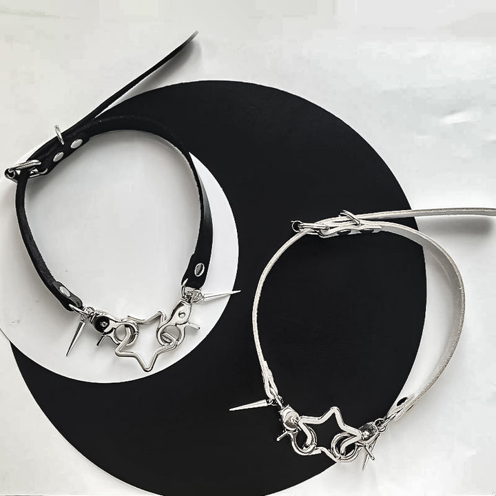 Jirai Kei Necklace Metallic Bone Star Pendant PU Punk Choker 42684:749337
