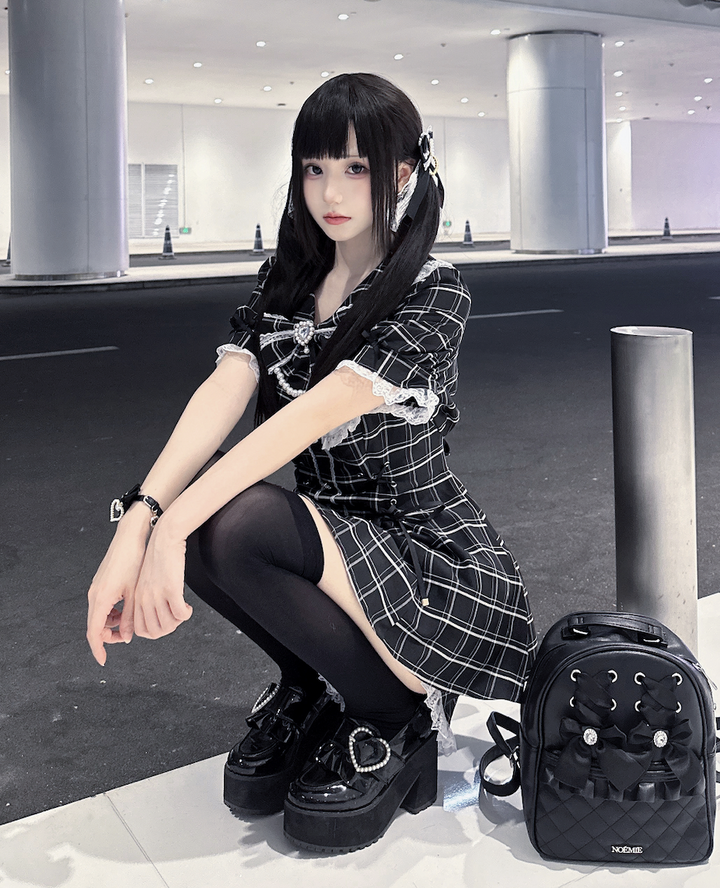 Jirai Kei Dress With Lace-Up Waist & Pocketed Shorts 43005:761681