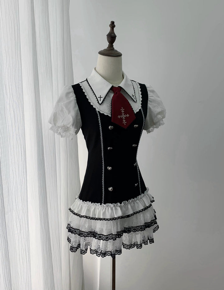 Preppy Style Low-Waist Dress Set, Cross Embroidery (L M S XL) 44746:823822
