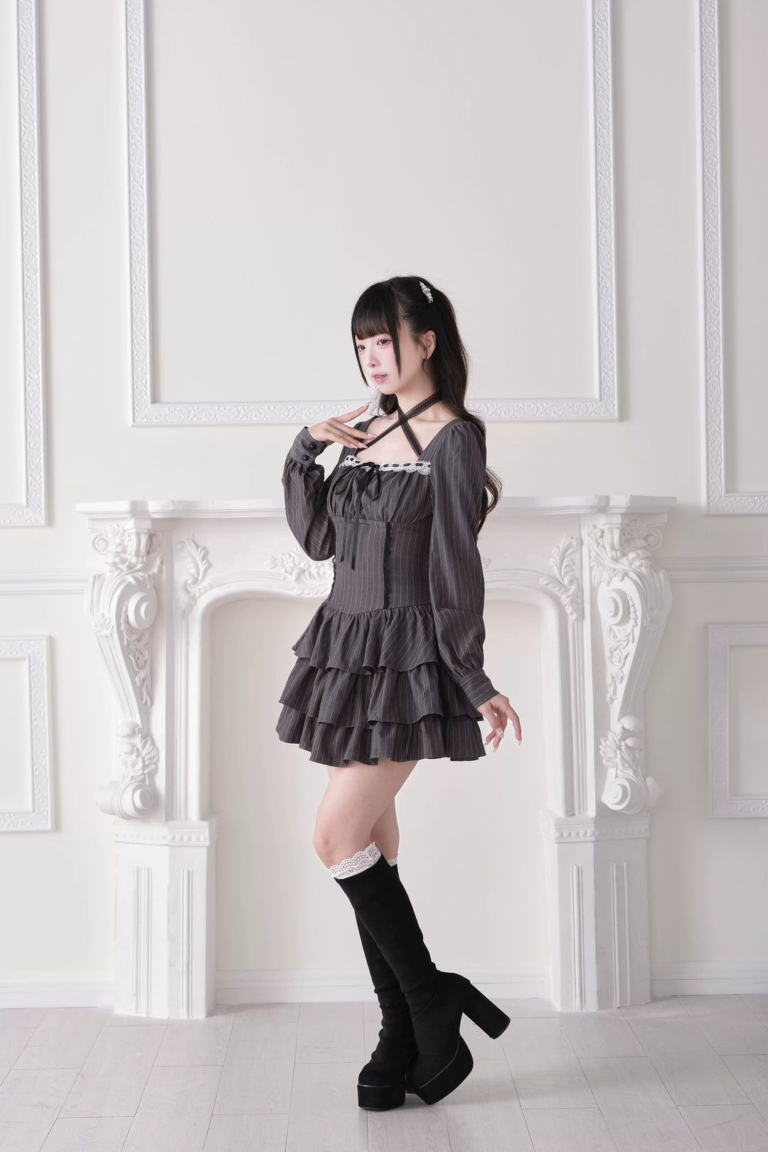 Jirai Kei Halter Neck Dress, Tiered Ruffles 44688:819229
