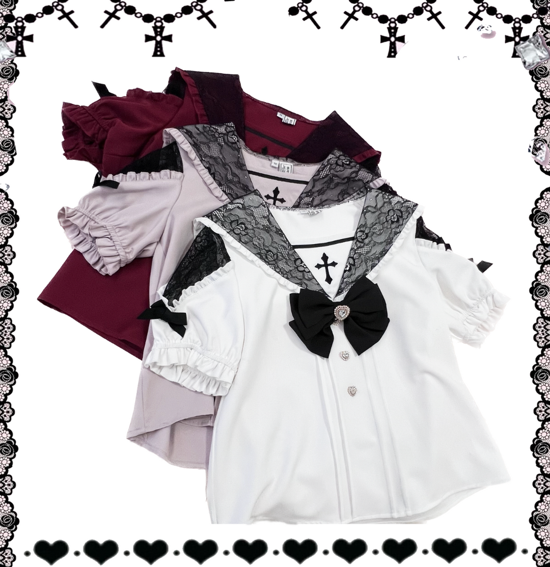 Sailor Collar Jirai Kei Blouse, High Waist Skirt, Embroidered Cross 37118:552552