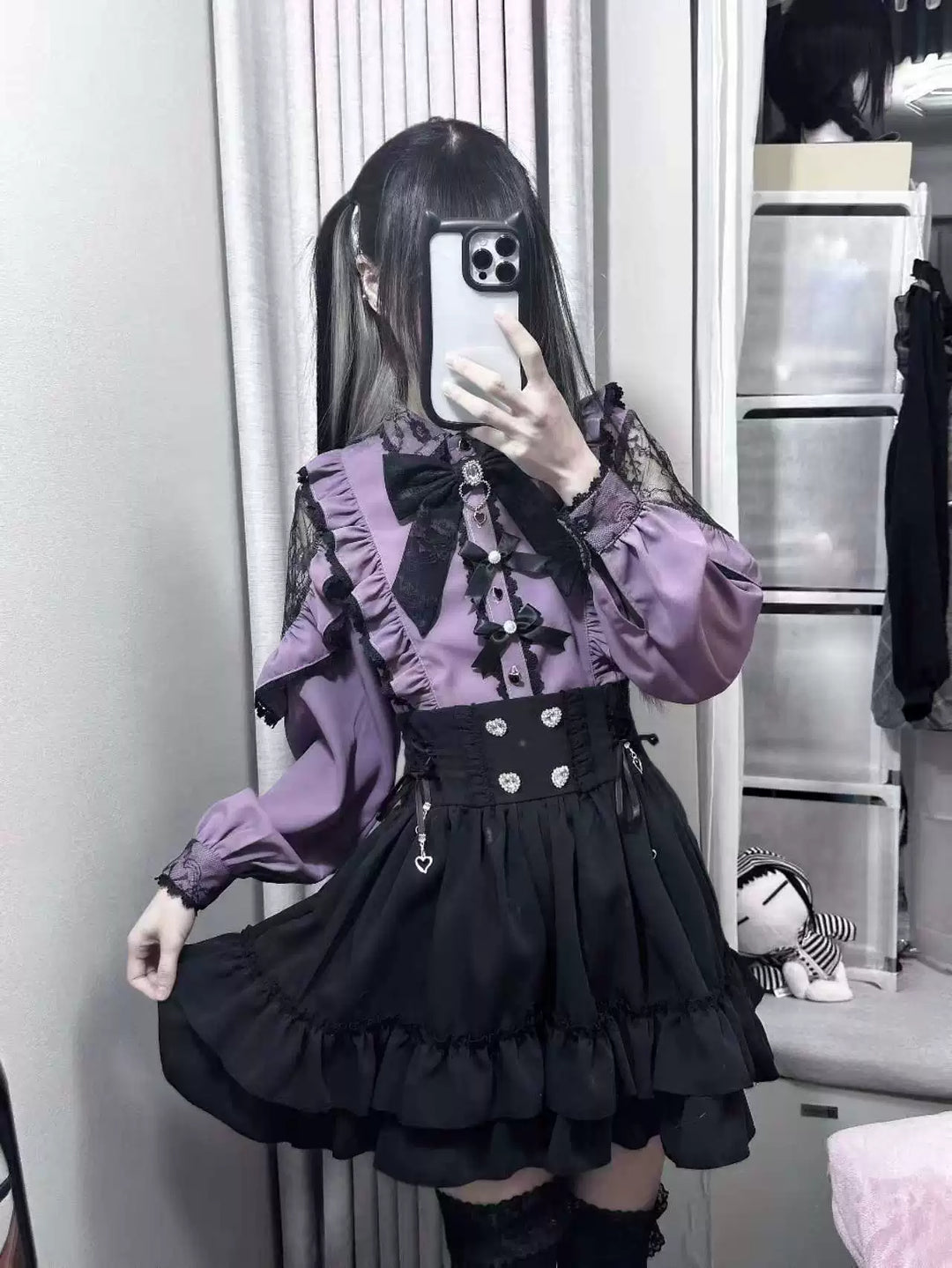 Purple Jirai Kei Blouse, Lace Trim and Detachable Bows (2XL L M S XL) 44666:818553