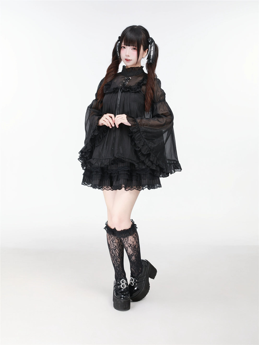 Black/White Jirai Kei Jumper Dress & Hime-Sleeved Sheer Blouse 43326:773594