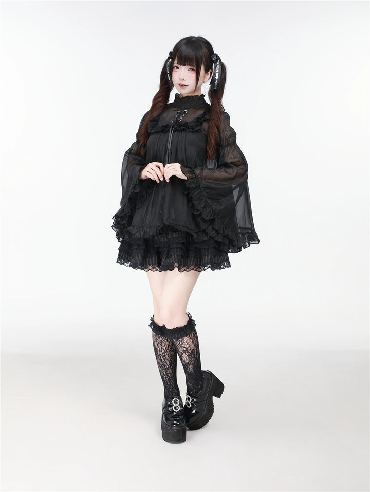 Black/White Jirai Kei Jumper Dress & Hime-Sleeved Sheer Blouse 43326:773594