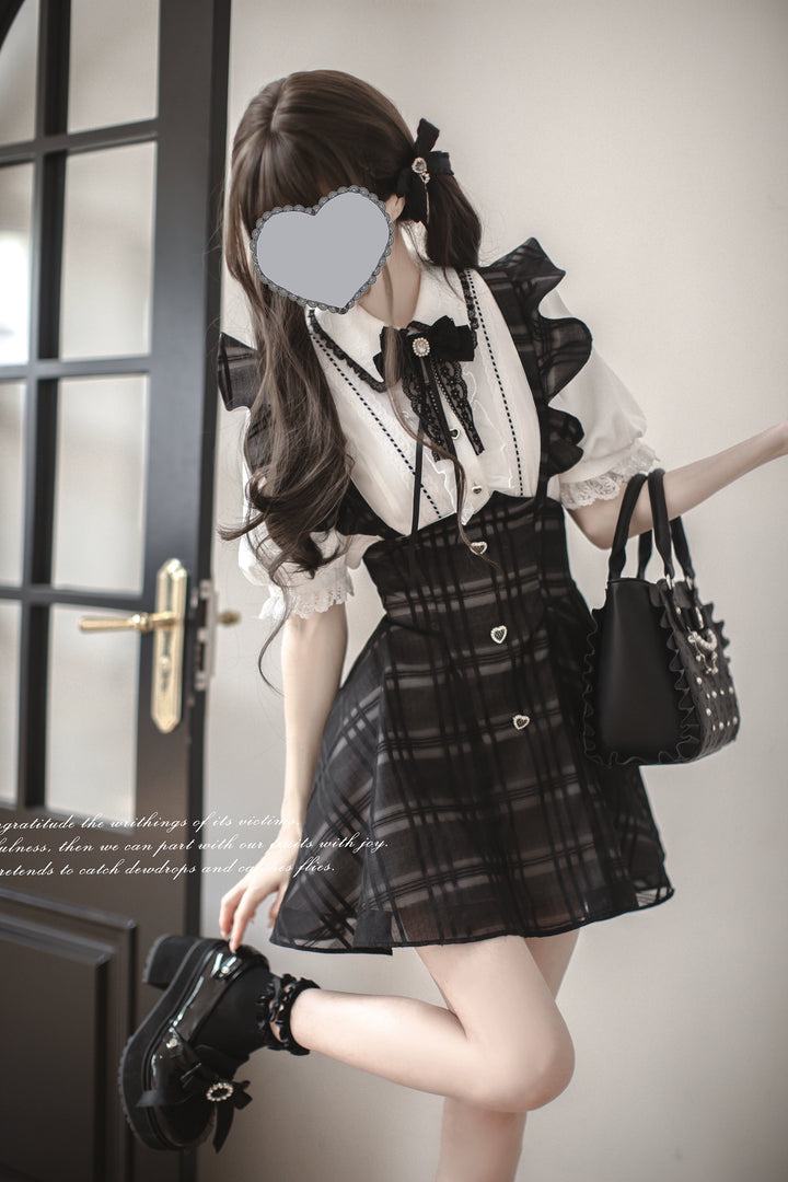 Black Plaid Jirai Kei Suspender Skirt, White Blouse 42918:760668