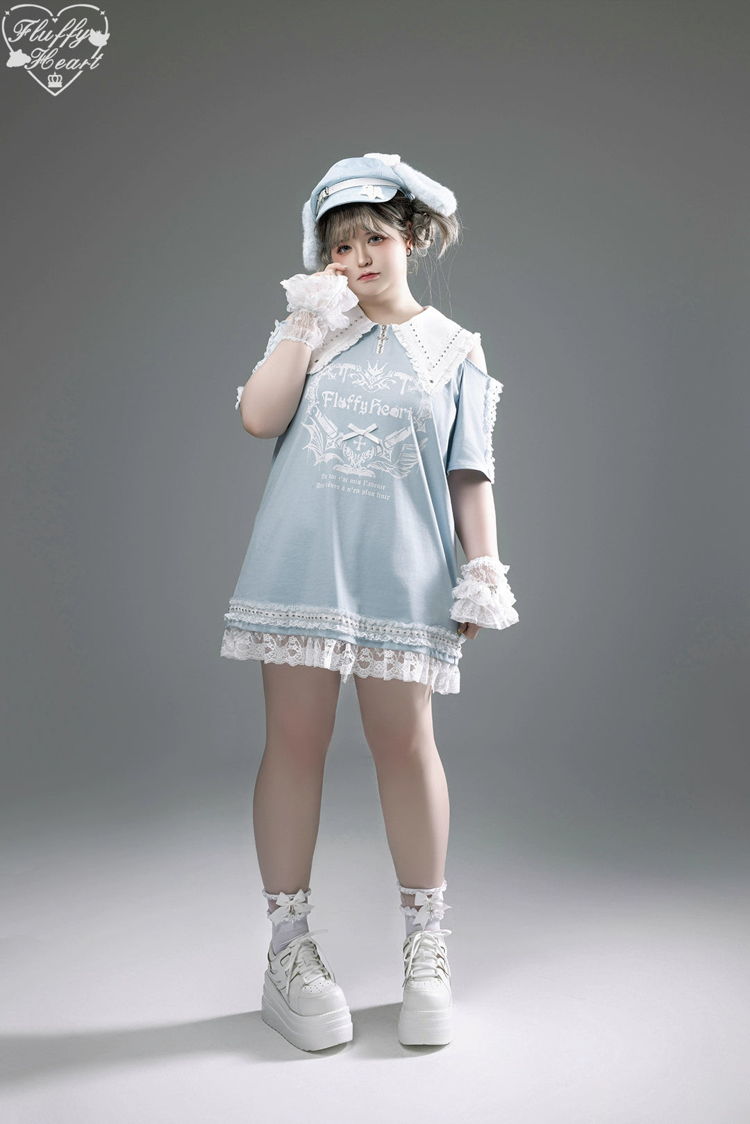 Cotton Sub Jirai Kei T-Shirt Dress, Pointed Collar, Open Shoulder 43373:774828