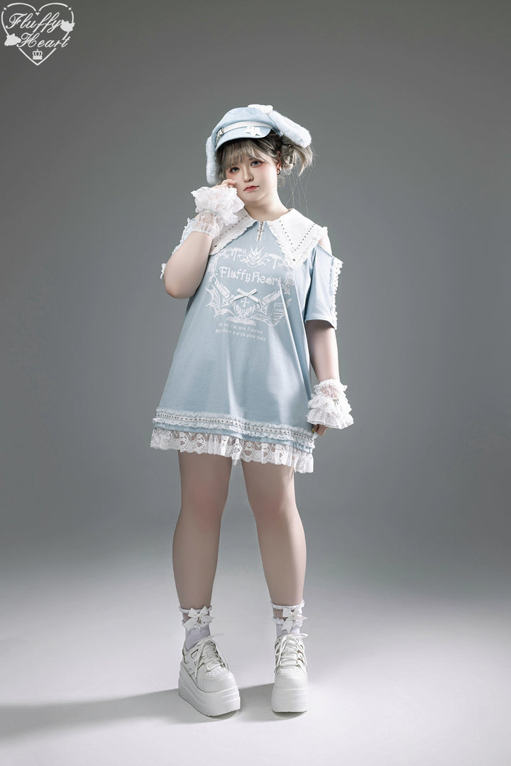 Cotton Sub Jirai Kei T-Shirt Dress, Pointed Collar, Open Shoulder 43373:774828