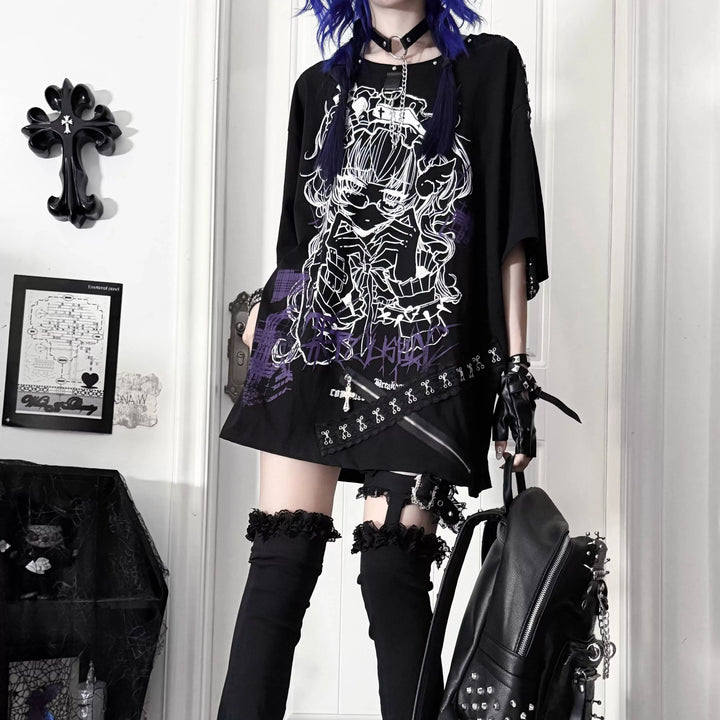 Gothic Cotton Graphic Printed T-Shirt, Detachable Choker 46061:874336