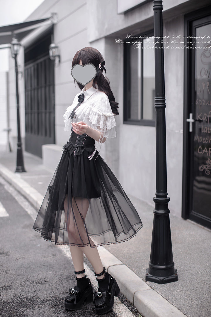 Jirai Kei Cape-Styled Blouse, High-Waist Skirt With Veil Overlay 42919:775524