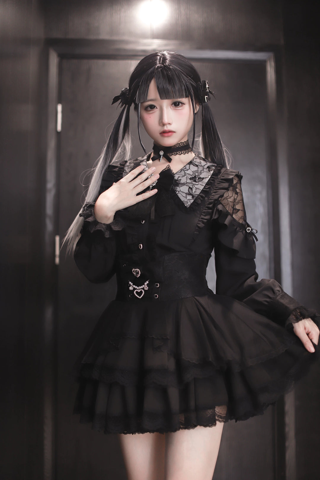 Jirai Kei Tiered Tuffles Skirt, Elastic High-Waist 44587:814556