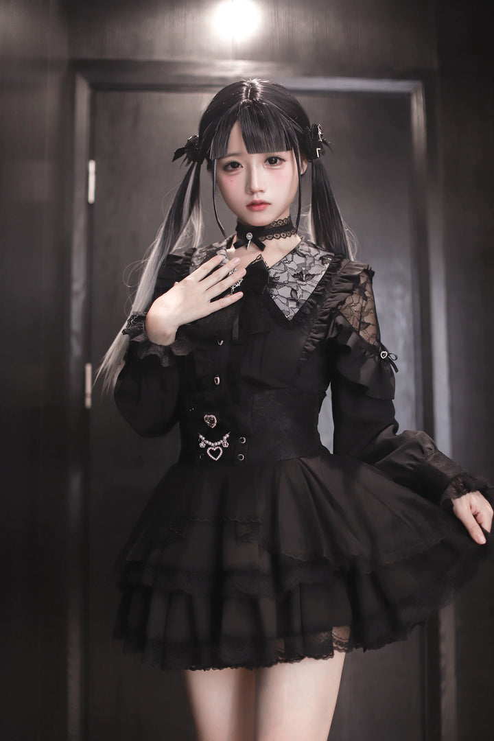 Jirai Kei Tiered Tuffles Skirt, Elastic High-Waist 44587:814556