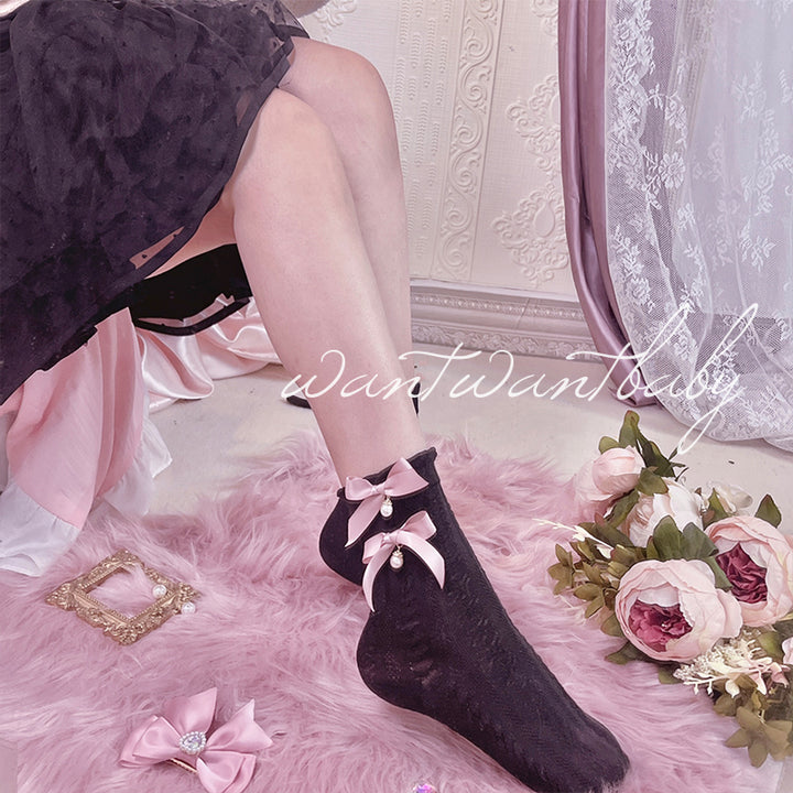 Jirai Kei Socks Black White Pink Blue Bow Lace Socks 21754:320588