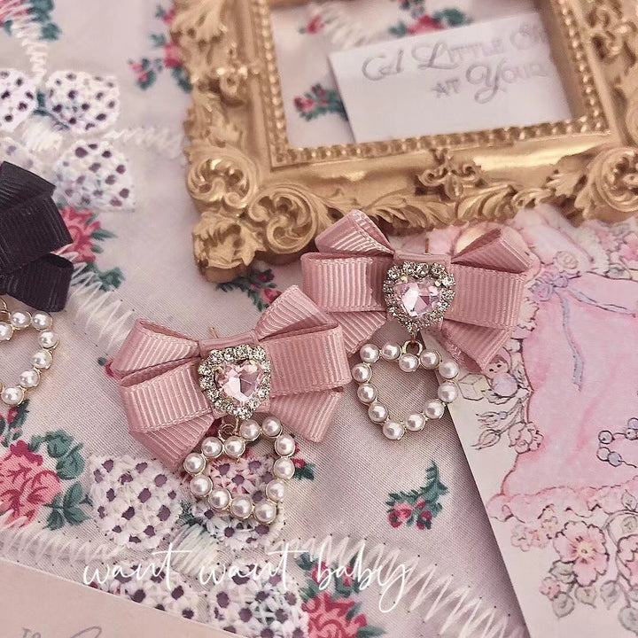 Jirai Kei Lolita Rhinestone Pearl Heart Silver Earrings Clips 21748:312380 21748:312380