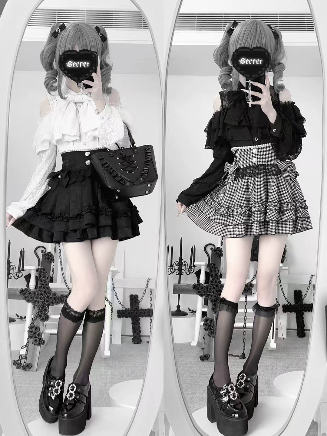 Jirai Kei Lace Skirt, Black Jacquard And Houndstooth Style 44163:801140