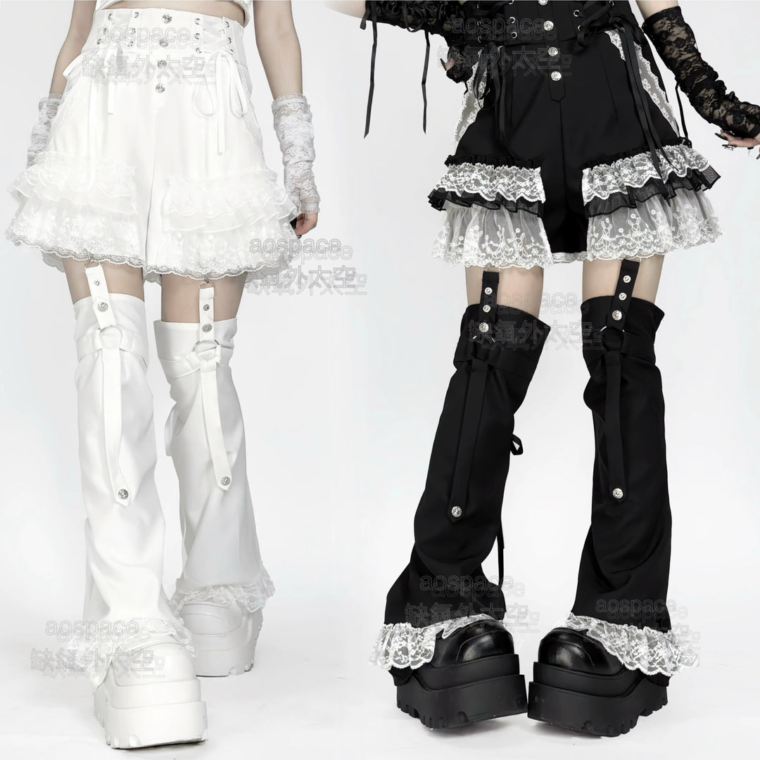 Punk Shorts Y2K Patchwork Leg Cover Tiered Lace 40638:671062