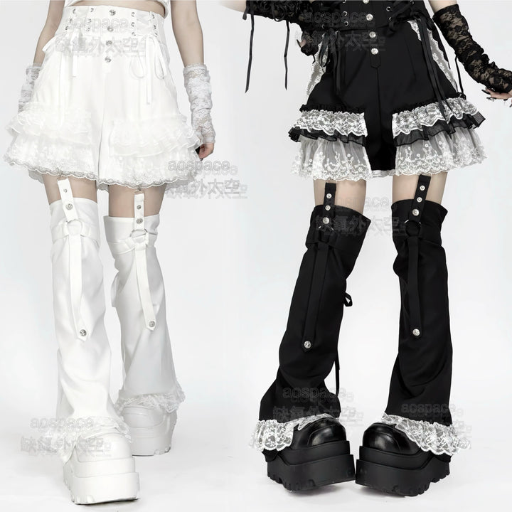 Punk Shorts Y2K Patchwork Leg Cover Tiered Lace 40638:671062