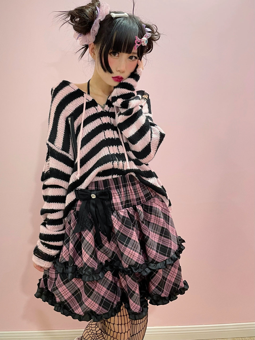 Punk Plaid Skirt Pink Blue Skirt Bow Layered Ruffle Skirt 33818:445954 33818:445954