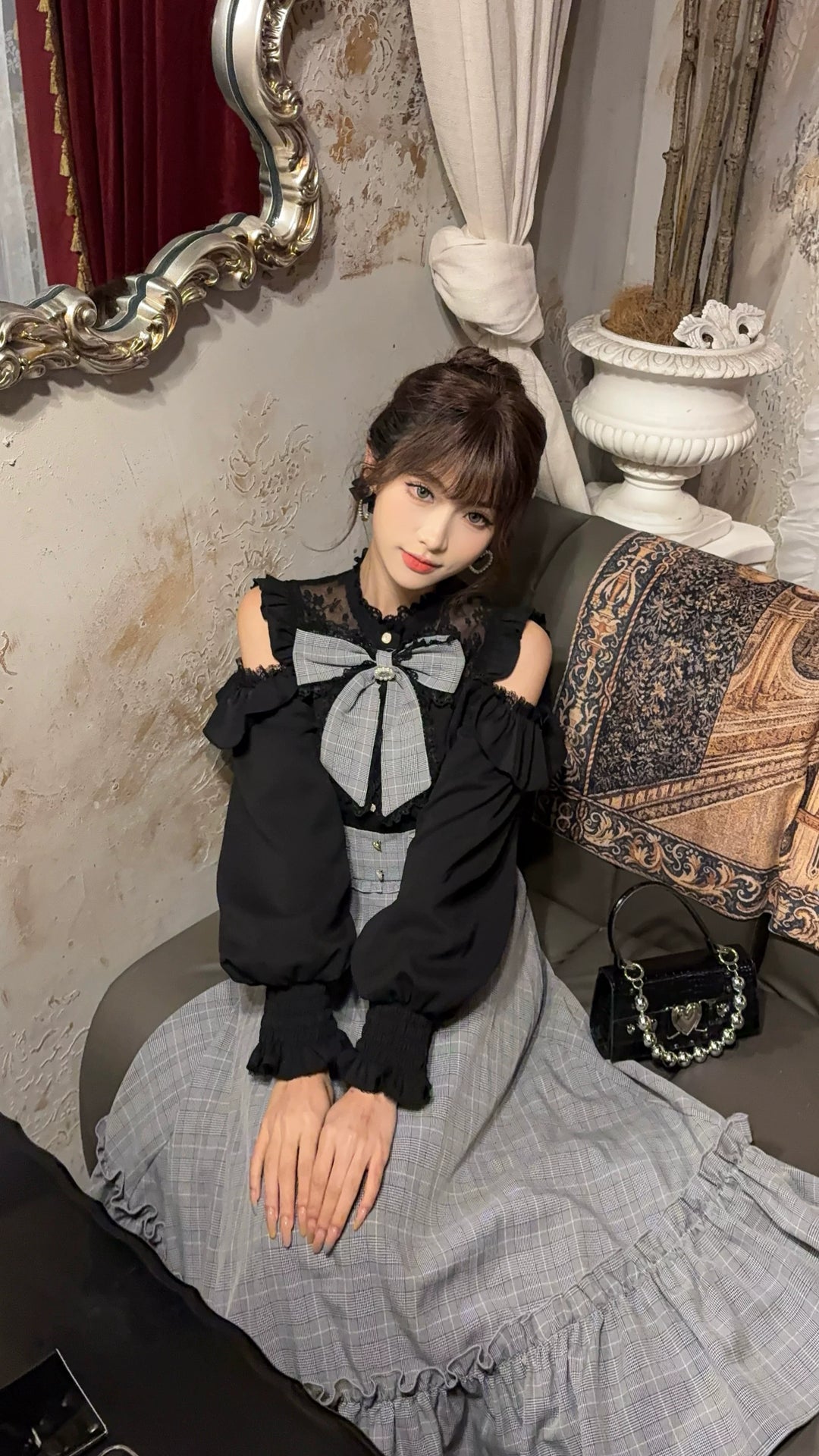 Jirai Kei Open-Shoulder Long Dress, Detachable Bow 44754:823954