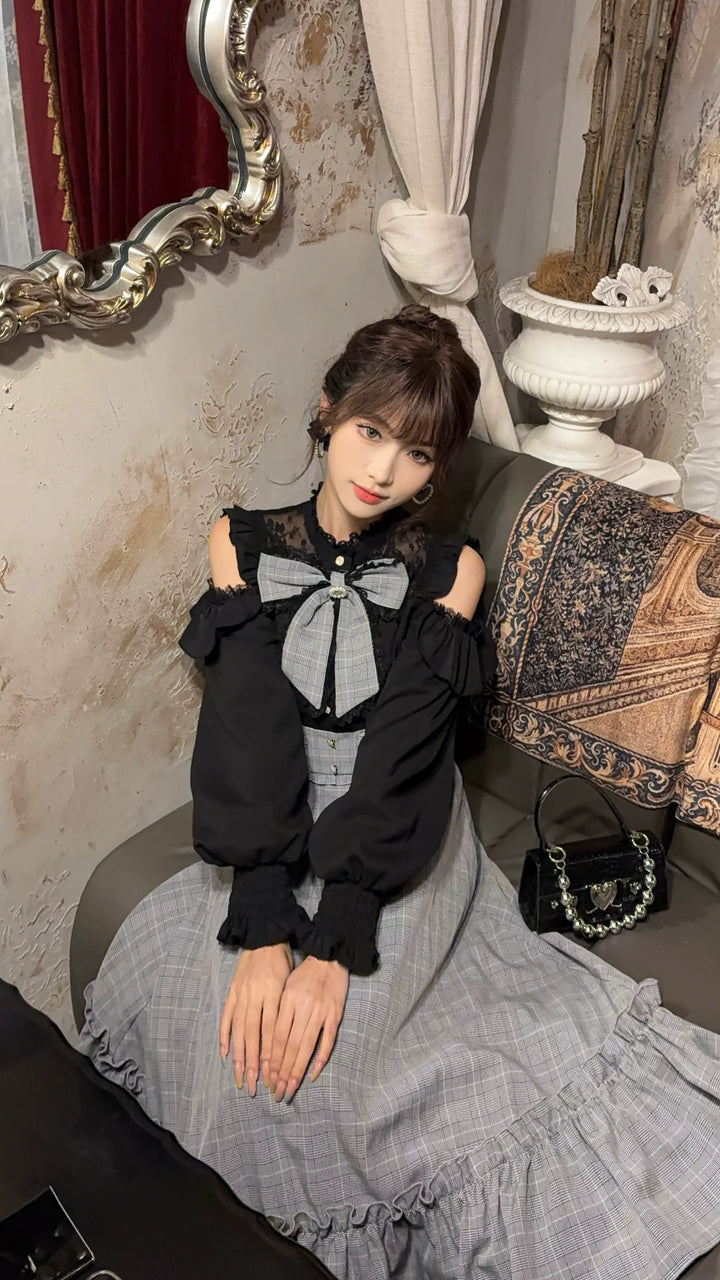 Jirai Kei Open-Shoulder Long Dress, Detachable Bow 44754:823954