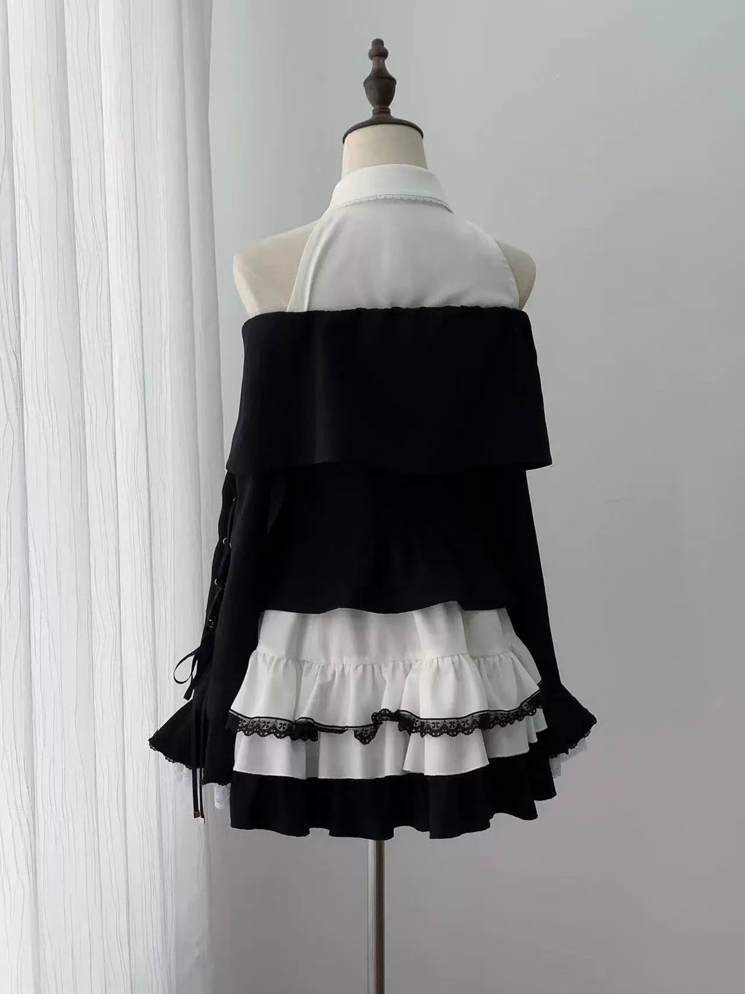 Jirai Kei Black White Dress and Jacket Set, Off-Shoulder 45988:871033