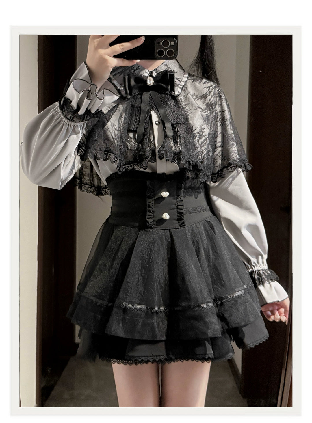 Jirai Kei Lace-cape Blouse, High-waist Skirt Outfit (2XL 3XL 4XL L M S XL) 43933:790384