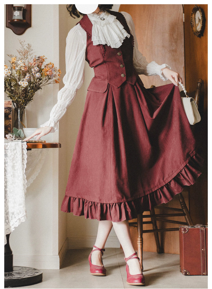 Classic Lolita A-Line Skirt + Button-Front Vest + White Blouse 40944:770389