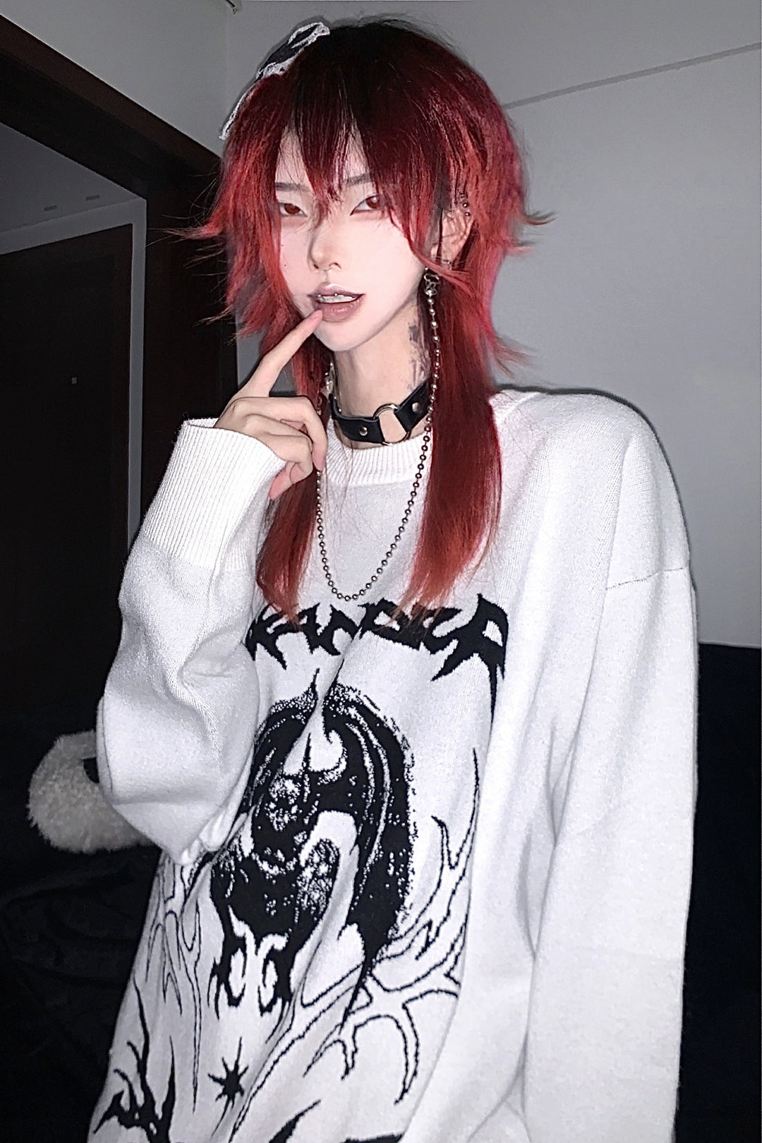 Punk Sweater White Bat Embroidered Sweater 39788:640156