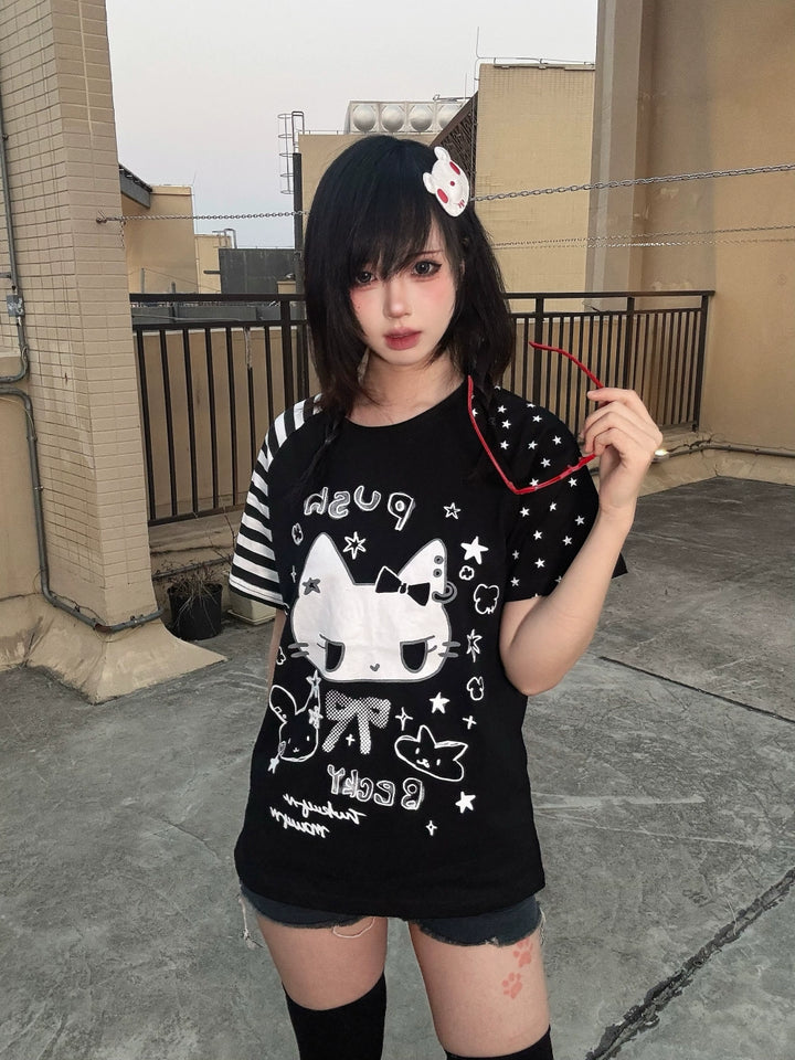 Kawaii Otaku Anime Cat Print Cotton Shirt Black & White 42851:755310