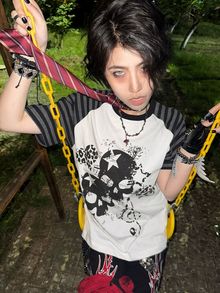 Cotton Subculture T-shirt, Gothic Skull & Leopard Heart Print 43225:771672