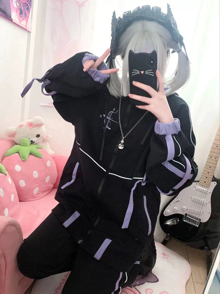Plus Size Jirai Kei Jacket With Bunny Ears Functional Hoodie Pants Set 39126:615724