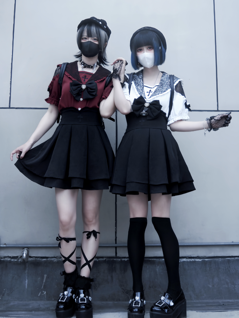 Sailor Collar Jirai Kei Blouse, High Waist Skirt, Embroidered Cross 37118:552540
