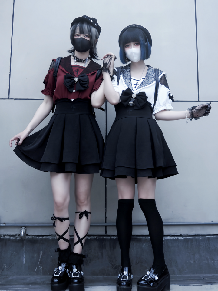 Sailor Collar Jirai Kei Blouse, High Waist Skirt, Embroidered Cross 37118:552540