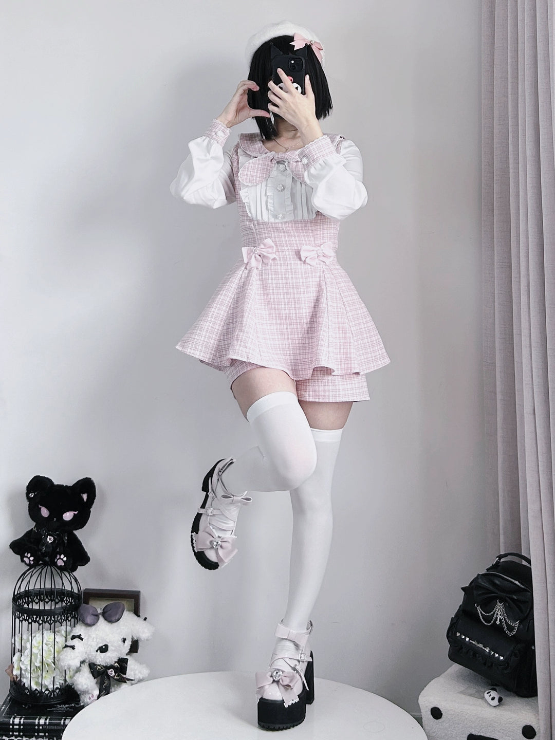 Jirai Kei Set Up Long Sleeve Bow Parisian Chic Dress Shorts 41030:684758