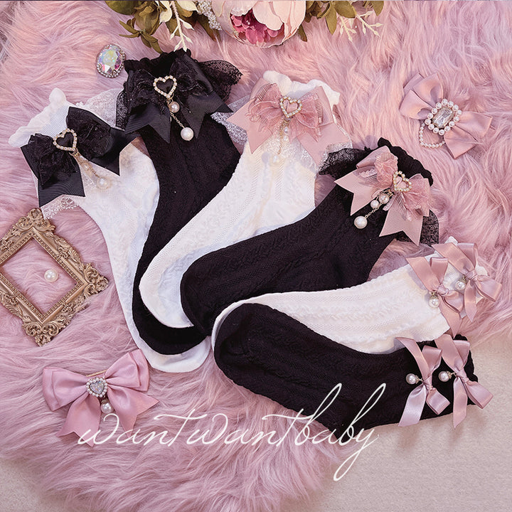 Jirai Kei Socks Black White Pink Blue Bow Lace Socks 21754:320580