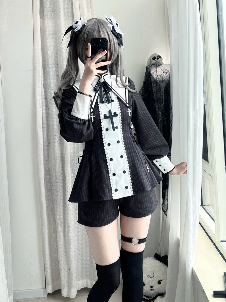 Striped Jirai Kei Set Up, Detachable Collar, Long/Short Sleeve Styles 43401:775818